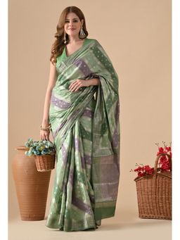 THE WEAVERS SHOP BY RAAVI - Green Silk Blend Woven Saree with Unstitched Blouse