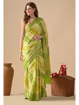 THE WEAVERS SHOP BY RAAVI - Green Silk Blend Woven Zari Saree with Unstitched Blouse
