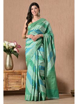 THE WEAVERS SHOP BY RAAVI - Blue Silk Blend Woven Zari Saree with Unstitched Blouse