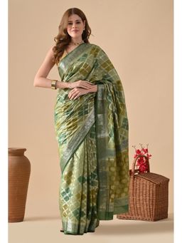 THE WEAVERS SHOP BY RAAVI - Green Silk Blend Banarsi Woven Saree with Unstitched Blouse