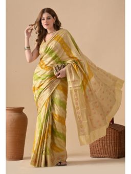 THE WEAVERS SHOP BY RAAVI - Yellow Silk Blend Woven Saree with Unstitched Blouse