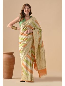 THE WEAVERS SHOP BY RAAVI - Yellow Silk Blend Woven Saree with Unstitched Blouse