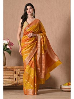 THE WEAVERS SHOP BY RAAVI - Mustard Silk Blend Woven Saree with Unstitched Blouse