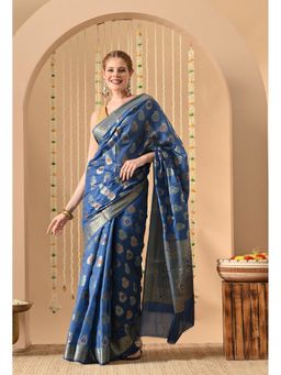 THE WEAVERS SHOP BY RAAVI - Blue Silk Blend Woven Saree with Unstitched Blouse