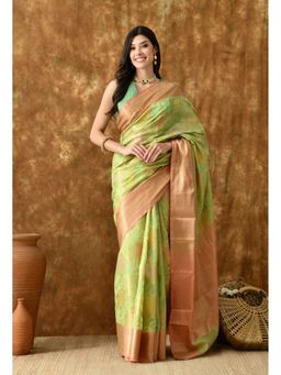 THE WEAVERS SHOP BY RAAVI - Green Silk Blend Zari Woven Saree with Unstitched Blouse