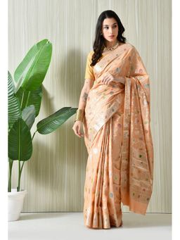 THE WEAVERS SHOP BY RAAVI - Peach Silk Blend Woven Saree with Unstitched Blouse