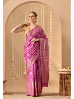 THE WEAVERS SHOP BY RAAVI - Purple Silk Blend Woven Zari Saree with Unstitched Blouse