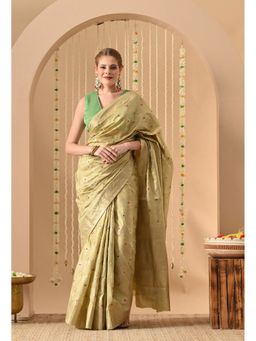 THE WEAVERS SHOP BY RAAVI - Green Silk Blend Zari Woven Saree with Unstitched Blouse