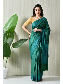 THE WEAVERS SHOP BY RAAVI - Green Banarasi Silk Blend Woven Saree with Unstitched Blouse