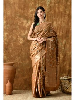THE WEAVERS SHOP BY RAAVI - Brown Silk Blend Woven Saree with Unstitched Blouse
