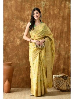 THE WEAVERS SHOP BY RAAVI - Yellow Silk Blend Woven Zari Saree with Unstitched Blouse