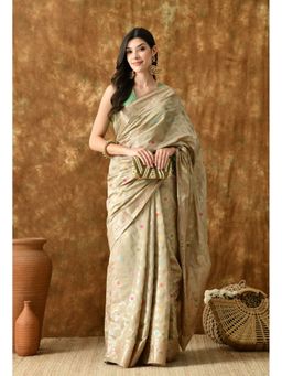 THE WEAVERS SHOP BY RAAVI - Beige Silk Blend Woven Saree with Unstitched Blouse