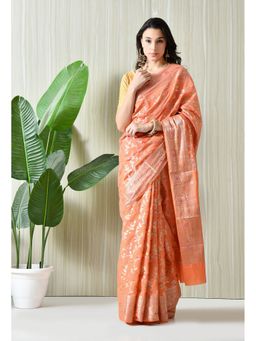 THE WEAVERS SHOP BY RAAVI - Peach Silk Blend Woven Saree with Unstitched Blouse