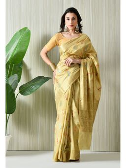 THE WEAVERS SHOP BY RAAVI - Yellow Silk Blend Woven Zari Saree with Unstitched Blouse
