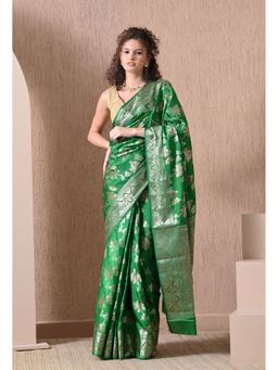 THE WEAVERS SHOP BY RAAVI - Green Silk Blend Zari Woven Saree with Unstitched Blouse