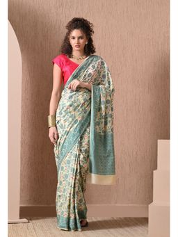 THE WEAVERS SHOP BY RAAVI - Cream Silk Blend Woven Saree with Unstitched Blouse