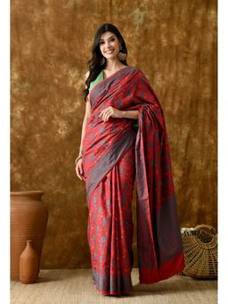 THE WEAVERS SHOP BY RAAVI - Red Banarasi Silk Blend Woven Saree with Unstitched Blouse