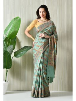 THE WEAVERS SHOP BY RAAVI - Blue Banarasi Silk Blend Woven Saree with Unstitched Blouse