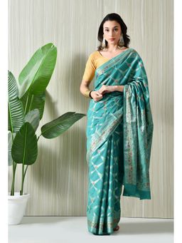 THE WEAVERS SHOP BY RAAVI - Blue Banarasi Silk Blend Woven Saree with Unstitched Blouse