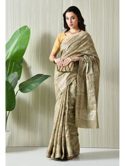 THE WEAVERS SHOP BY RAAVI - Beige Silk Blend Woven Saree with Unstitched Blouse