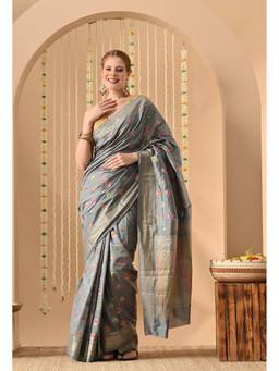 THE WEAVERS SHOP BY RAAVI - Grey Silk Blend Woven Saree with Unstitched Blouse