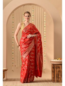 THE WEAVERS SHOP BY RAAVI - Red Silk Blend Woven Saree with Unstitched Blouse