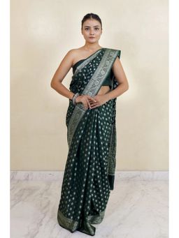 THE WEAVERS SHOP BY RAAVI - Bottle Green Silk Blend Woven Saree with Unstitched Blouse