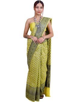 THE WEAVERS SHOP BY RAAVI - Yellow Silk Blend Zari Woven Saree with Unstitched Blouse