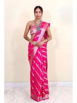 THE WEAVERS SHOP BY RAAVI - Pink Banarasi Silk Blend Woven Saree with Unstitched Blouse
