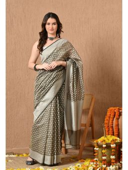 THE WEAVERS SHOP BY RAAVI - Grey Pure Cotton Hand Block Saree with Unstitched Blouse