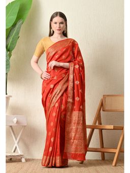 THE WEAVERS SHOP BY RAAVI - Orange Banarasi Silk Woven Saree with Unstitched Blouse