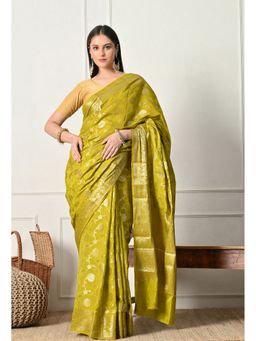 THE WEAVERS SHOP BY RAAVI - Green Silk Blend Banarsi Woven Saree with Unstitched Blouse