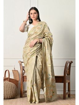 THE WEAVERS SHOP BY RAAVI - Beige Silk Blend Woven Saree with Unstitched Blouse