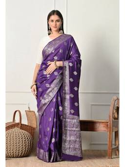 THE WEAVERS SHOP BY RAAVI - Purple Silk Blend Woven Saree with Unstitched Blouse