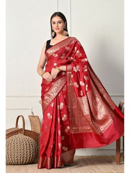 THE WEAVERS SHOP BY RAAVI - Red Silk Blend Woven Saree with Unstitched Blouse