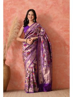 THE WEAVERS SHOP BY RAAVI - Purple Banarasi Silk Woven Saree with Unstitched Blouse