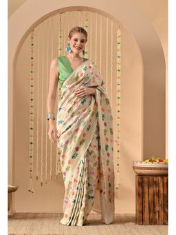 THE WEAVERS SHOP BY RAAVI - White Silk Woven Saree with Unstitched Blouse