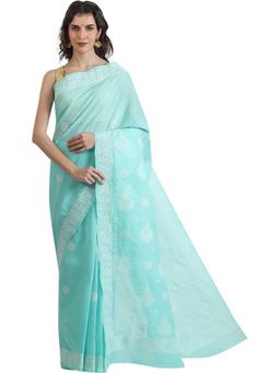 THE WEAVERS SHOP BY RAAVI - Blue Cotton Chikankari Saree with Unstitched Blouse