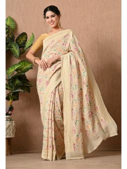 THE WEAVERS SHOP BY RAAVI - Beige Silk Woven Saree with Unstitched Blouse