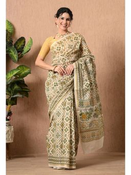 THE WEAVERS SHOP BY RAAVI - Beige Cotton Hand Block Saree with Unstitched Blouse
