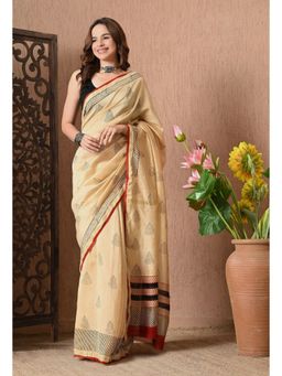 THE WEAVERS SHOP BY RAAVI - Beige Cotton Hand Block Saree with Unstitched Blouse