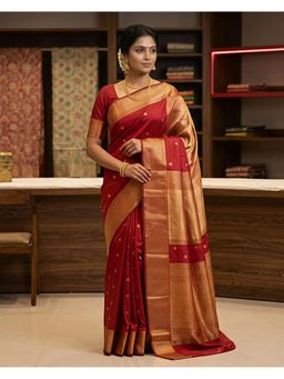 THE WEAVERS SHOP BY RAAVI - Red Art Silk Woven Saree with Unstitched Blouse
