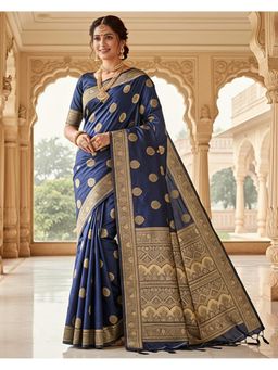 THE WEAVERS SHOP BY RAAVI - Blue Cotton Woven Saree with Unstitched Blouse