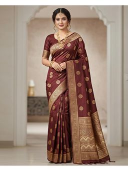 THE WEAVERS SHOP BY RAAVI - Maroon Cotton Woven Saree with Unstitched Blouse