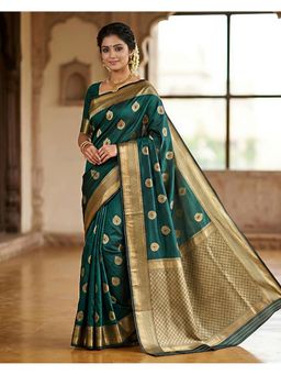THE WEAVERS SHOP BY RAAVI - Green Art Silk Woven Saree with Unstitched Blouse