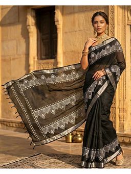 THE WEAVERS SHOP BY RAAVI - Black Art Silk Woven Saree with Unstitched Blouse