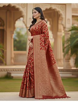 THE WEAVERS SHOP BY RAAVI - Red Art Silk Woven Saree with Unstitched Blouse