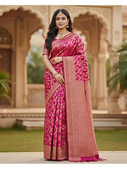 THE WEAVERS SHOP BY RAAVI - Pink Art Silk Woven Saree with Unstitched Blouse