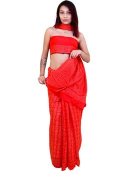 THE WEAVERS SHOP BY RAAVI - Red Cotton Floral Saree with Unstitched Blouse