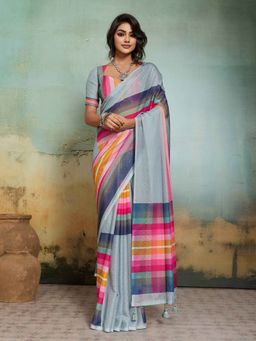 Sedora Couture - Grey Jacquard Geometric Printed Saree with Unstitched Blouse